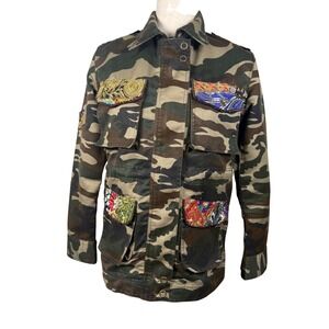 Anthro Beautiful Stories Jacket Camo‎ Utility Embellished Patches Boho Festival